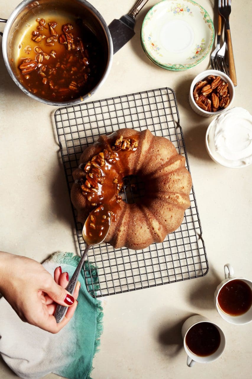Vanilla Bean Bundt Cake with Pecan Praline Glaze