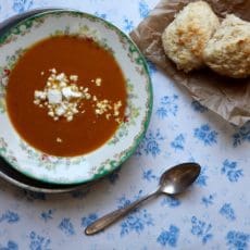Curried Sweet Potato Soup with Goat Cheese Biscuits