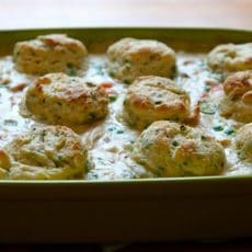 CHICKEN POT PIE WITH CREAM CHEESE AND CHIVE BISCUITS