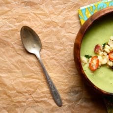 Cold Avocado Soup with sweet corn and bacon