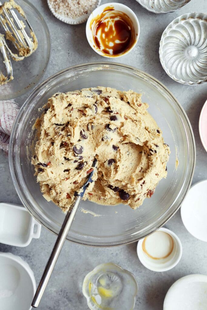Bowl of brown butter chocolate chip cookies.