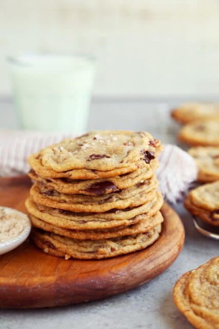 Stacks of brown butter chocolate chip cookies.