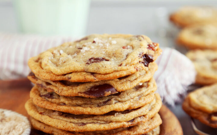 Stacks of brown butter chocolate chip cookies.