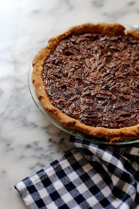 bourbon pecan pie with dark chocolate