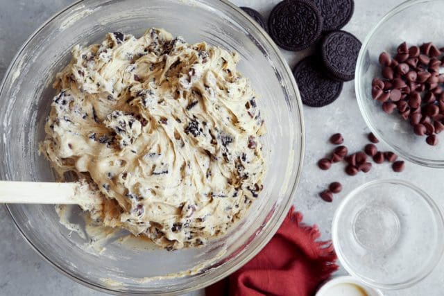 The best cookies and cream cookie batter in a medium bowl to chill.