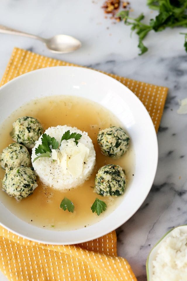 Chicken and Spinach Meatballs with Broth and Rice