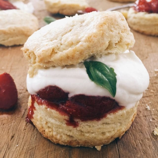 Roasted Strawberry Shortcakes with Basil Cream