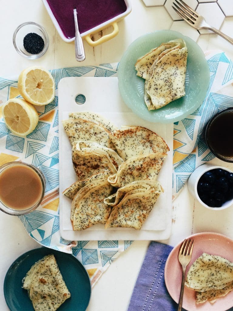 Lemon Poppy Seed Crepes with Blueberry Curd