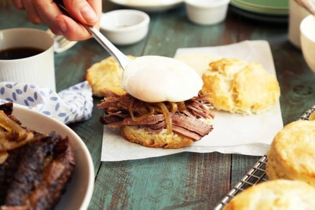 Brisket Breakfast Biscuits with poached egg and horseradish sauce