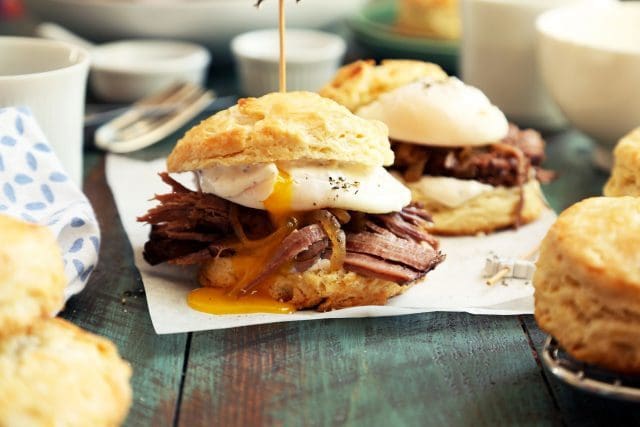 Brisket Breakfast Biscuits with poached egg and horseradish sauce