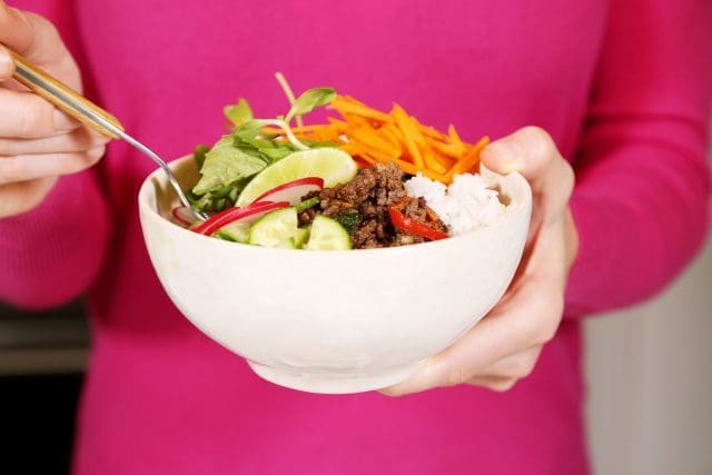 Bowl of Food: Thai Beef with fresh vegetables