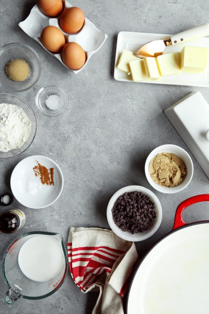 Overhead ingredients to make chocolate chip cookie dutch baby