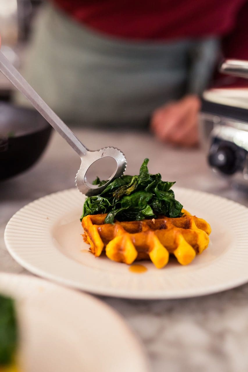 Savory Pumpkin Pancetta Waffles with greens and eggs Joy the Baker
