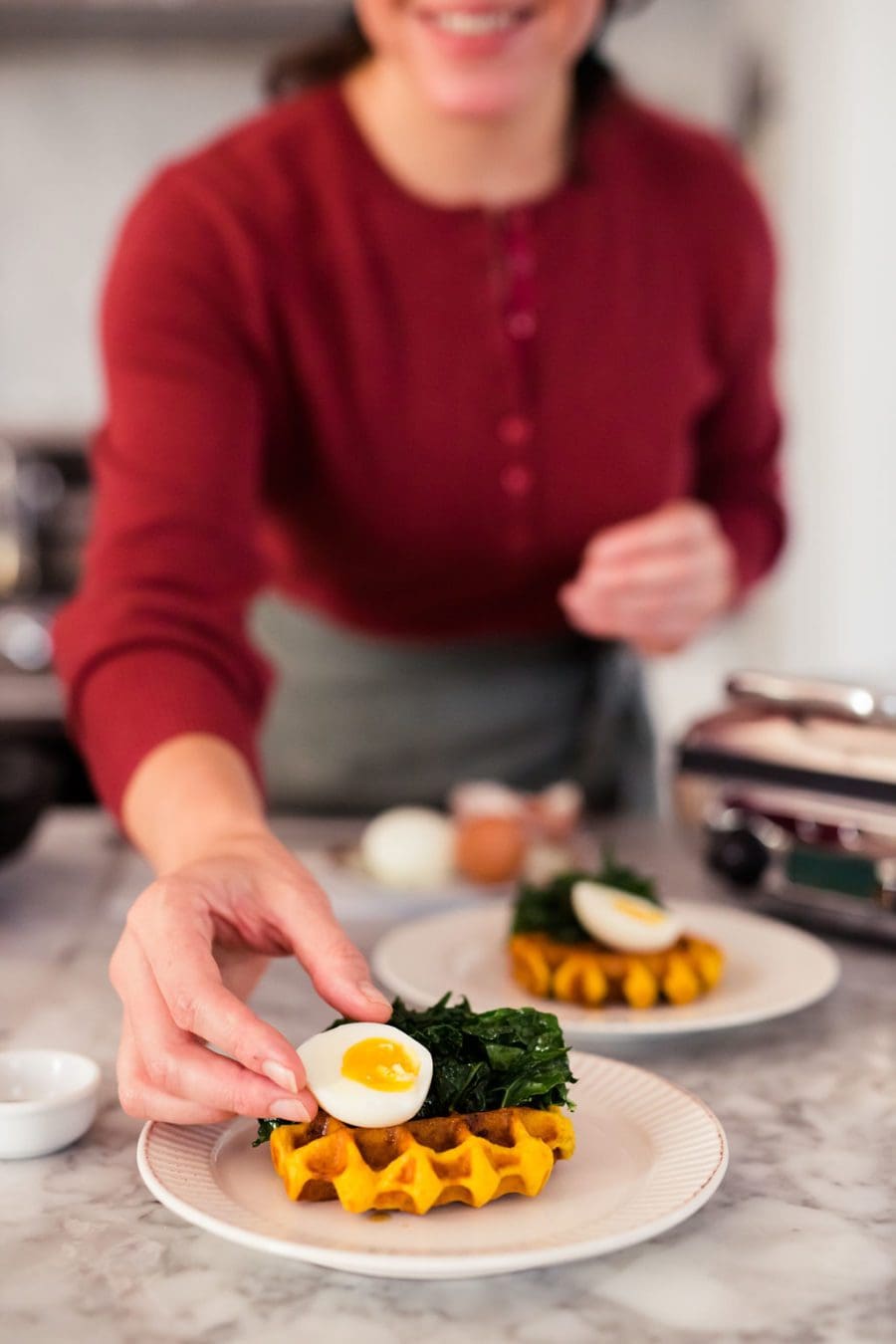 Savory Pumpkin Pancetta Waffles with greens and eggs Joy the Baker