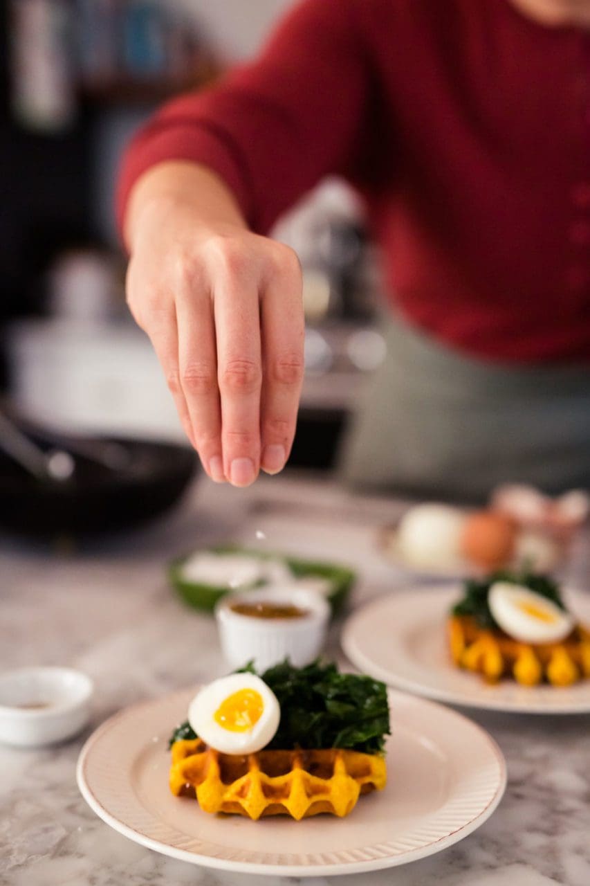 Savory Pumpkin Pancetta Waffles with greens and eggs Joy the Baker