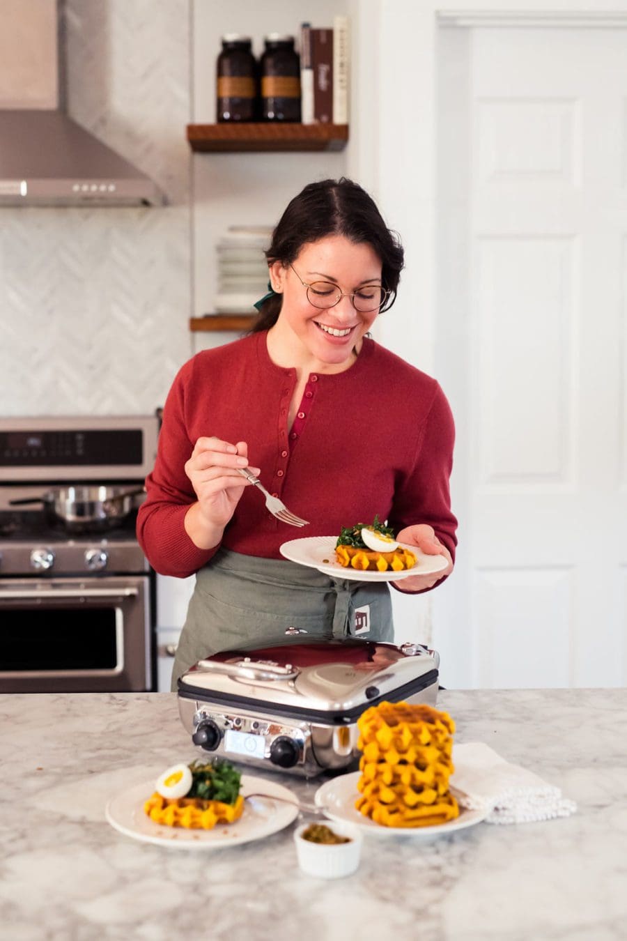 Savory Pumpkin Pancetta Waffles with greens and eggs