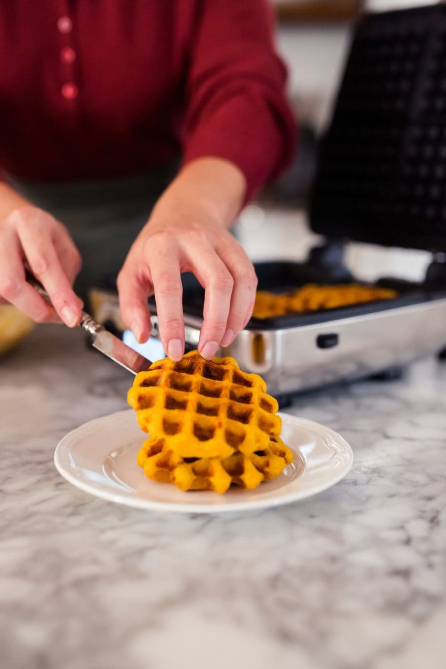 Savory Pumpkin Pancetta Waffles with greens and eggs - Joy the Baker