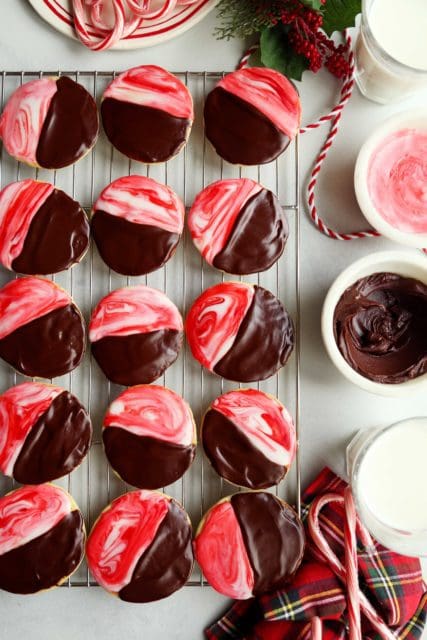 chocolate peppermint black and white cookies on a cooling rack