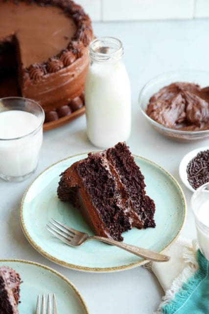 Slice of chocolate cake with chocolate frosting on a plate with a fork.