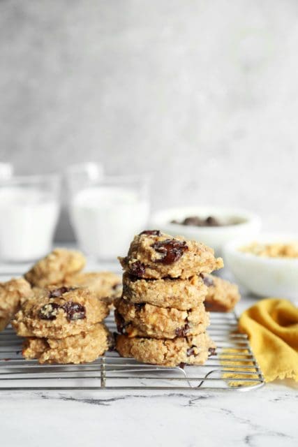 Stack of banana bread cookies on wire rack.