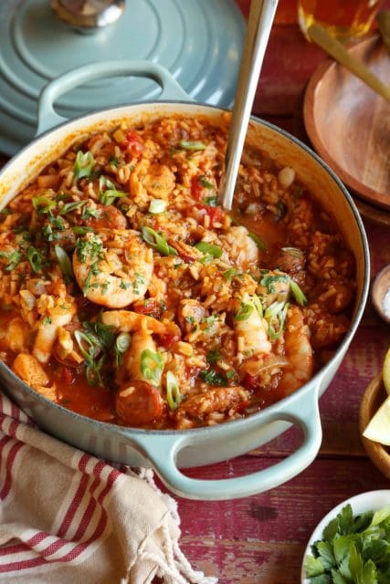 A finished pot of rice jambalaya with shrimp and sausage.