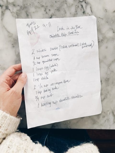 Handwritten recipe for chocolate chip cookies