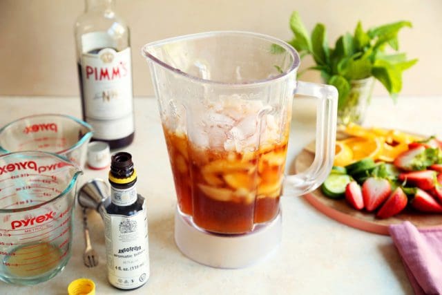Pimm's Cup ingredients in a blender with ice