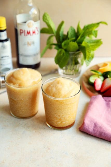 Blended Pimm's Cup in two glasses before being garnished.