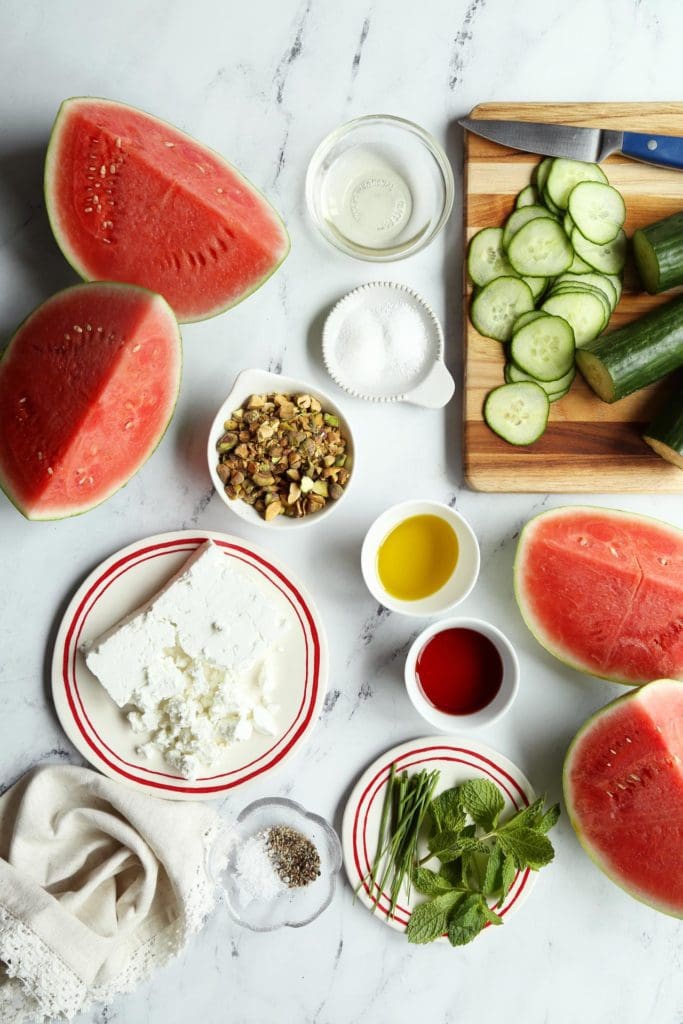 Ingredients for an easy watermelon feta and cucumber salad