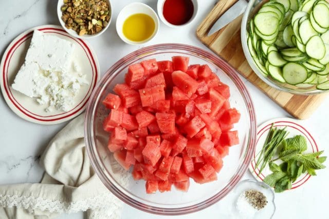 Cubed cucumber in a bowl for easy watermelon salad