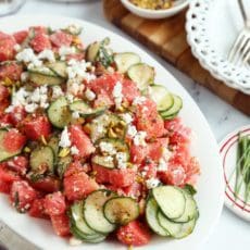 Watermelon feta and cucumber salad on a platter