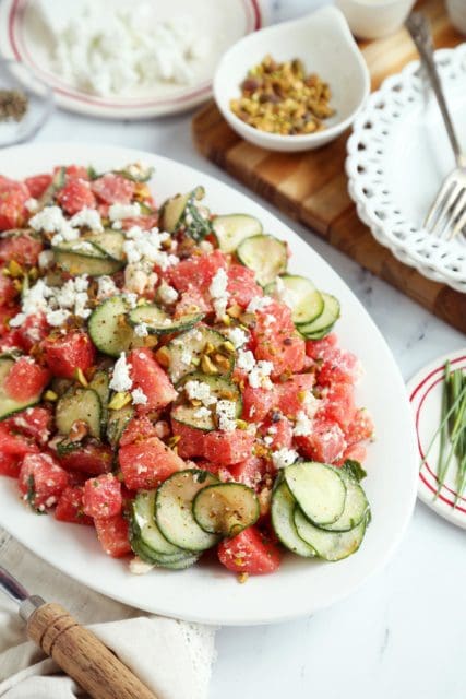 Watermelon feta and cucumber salad on a platter