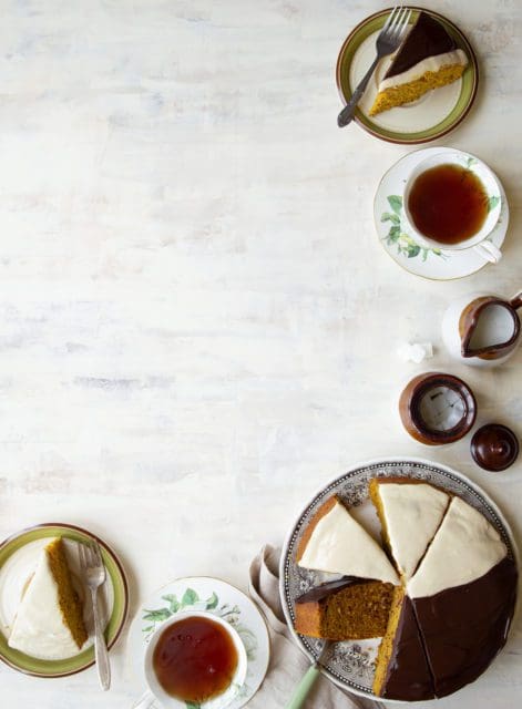 Glazed and sliced easy pumpkin cake recipe with tea.