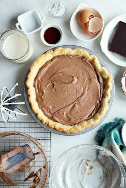 French Silk pie recipe filling in blind baked crust.