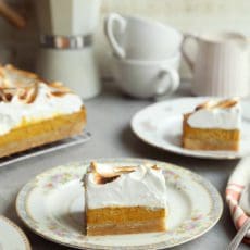 Toasted meringue on an easy pumpkin pie bar recipe.