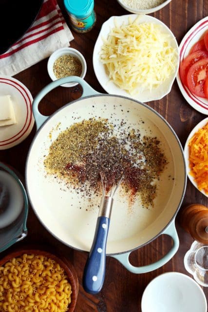 Herbs, spices, and Dash added to cream sauce in pot.