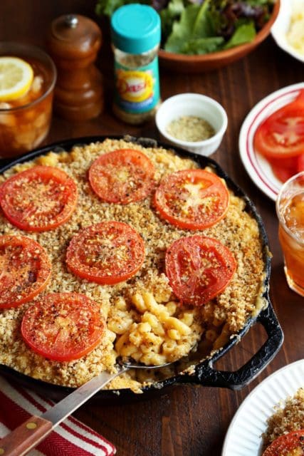 Low sodium mac and cheese recipe cooked until bubbly in cast iron skillet.