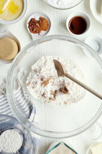 dry ingredients for cinnamon rolls in a large bowl.