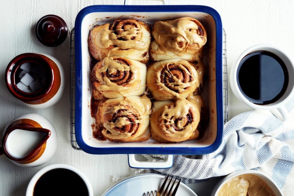 overnight cinnamon rolls baked with coffee and cream.