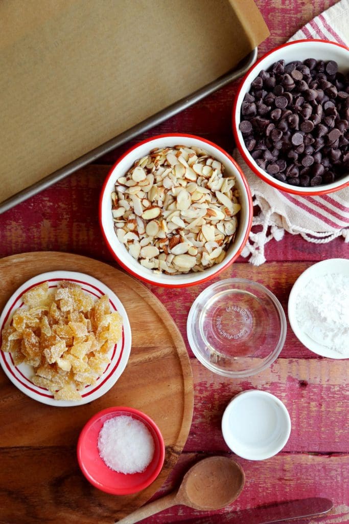 ingredients for chocolate bark recipe ready in small bowls