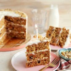 Carrot cake recipe sliced on a plate.