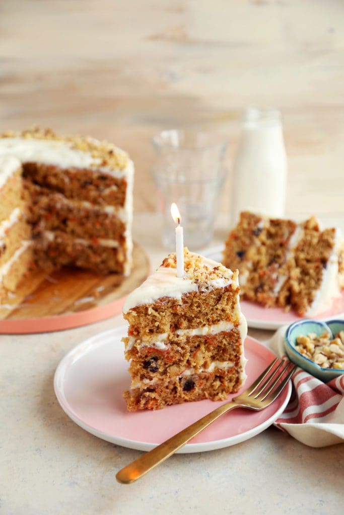 Carrot cake recipe sliced on a plate.