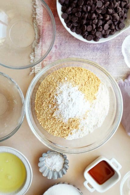 Flour, crushed graham crackers, salt, and and baking soda in bowl.
