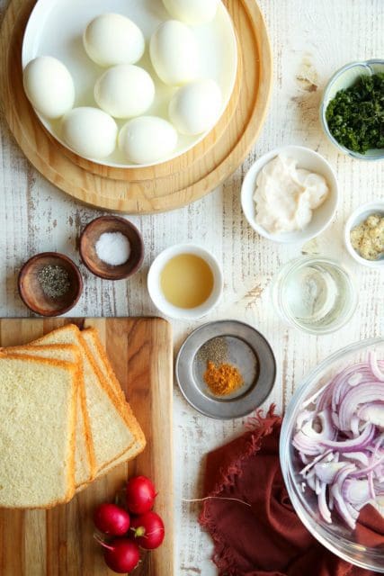 Ingredients for the best egg salad sandwich recipe.