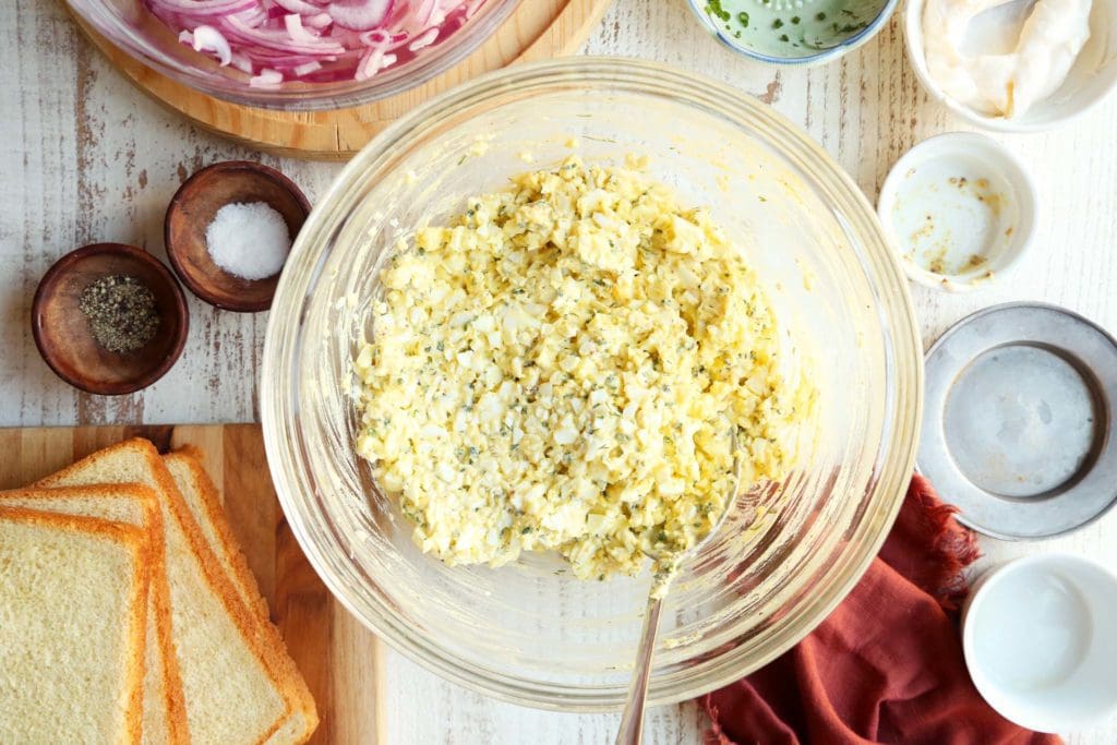 Egg salad in a mixing bowl.