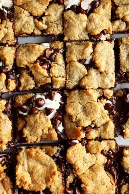 Baked marshmallow moon pie recipe cut into squares.