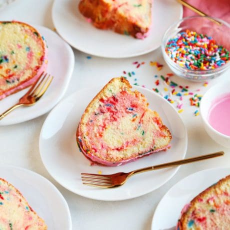 Sliced and plated funfetti cake slices.