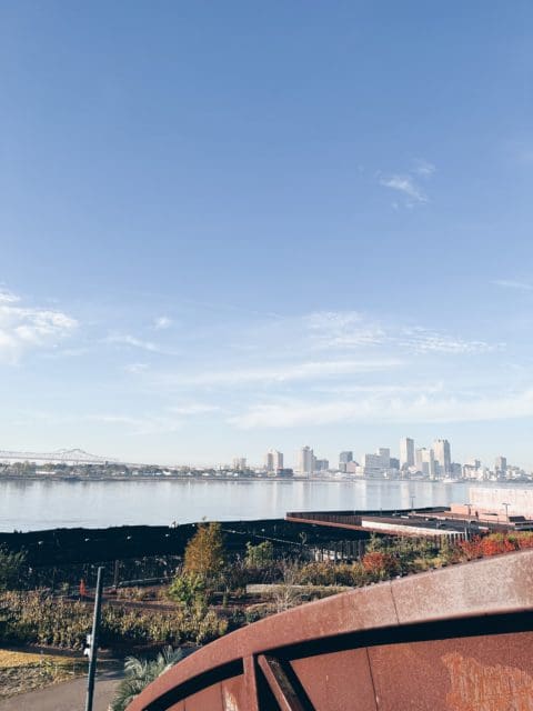 New Orleans skyline from Crescent Park for list of best restaurants in New Orleans.