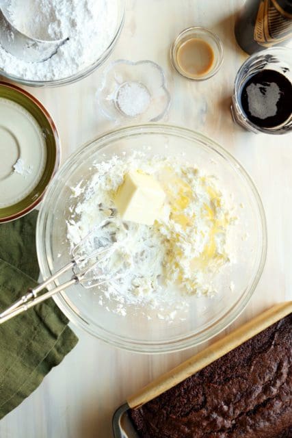 Butter and cream cheese in a bowl for frosting.