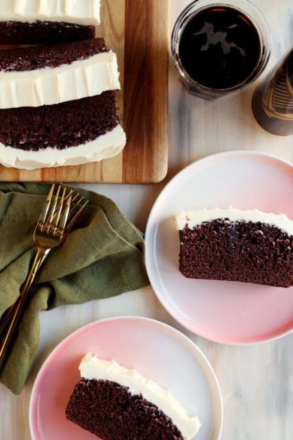 Slice of Chocolate Guinness Cake on a small pink plate